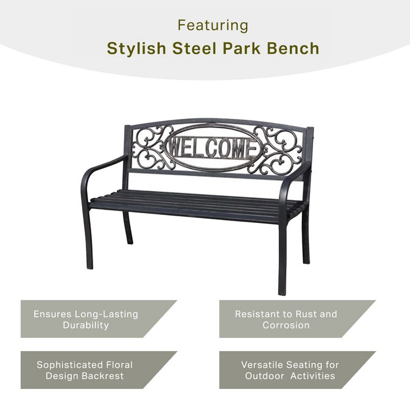 Four Seasons Courtyard Welcome Outdoor Park Bench Powder Coated Steel Frame Furniture Seat for Backyard Garden, Front Porch, or Walking Path, Black, 2 of 7