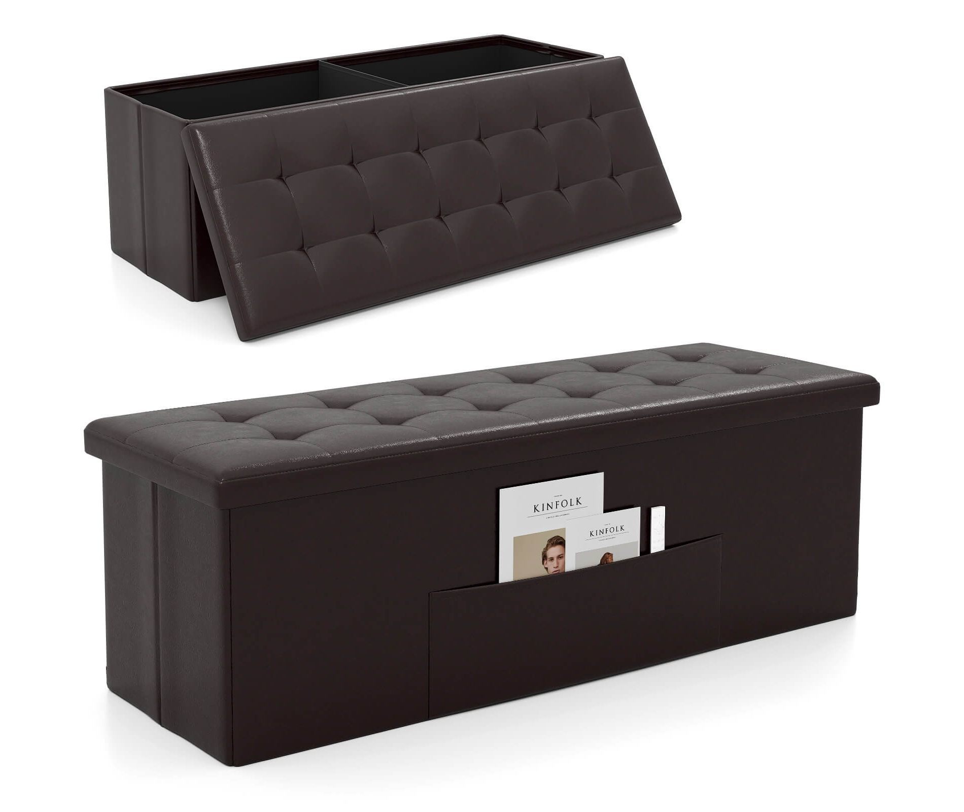 Costway 43''x15''x15'' Large Folding Storage Faux Leather Ottoman Pouffe Box Stool Brown