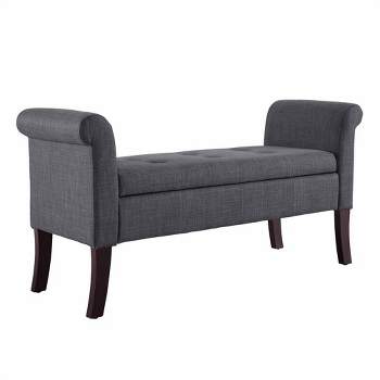 52.5" Indie Rolled Arm Gray Tufted Upholstered and Dark Espresso Solid Wood Storage Bench Gray - Linon