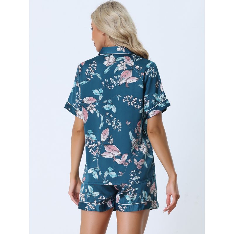 cheibear Women's Floral Button Down Shirt Shorts Satin Pajama Set 2 Pcs, 3 of 6