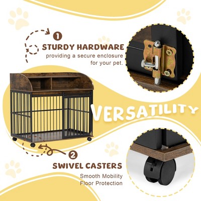 Whisen 38'' Brown Steel Dog Crate with Lockable Wheels