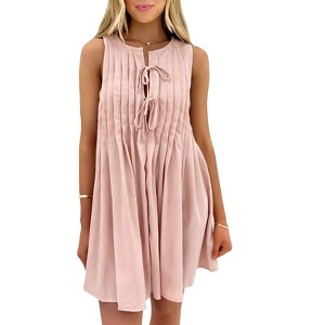 EXLURA Women's Summer Spring Pleated Tie Front Mini Dress Casual Beach Sundress 2025 Vacation Bow Sleeveless Loose Dresses - 1 of 4