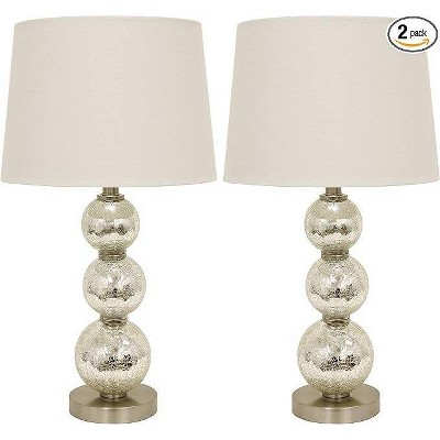 Set of 2 Mercury Silver Crackle Glass Table Lamps with White Linen Shades