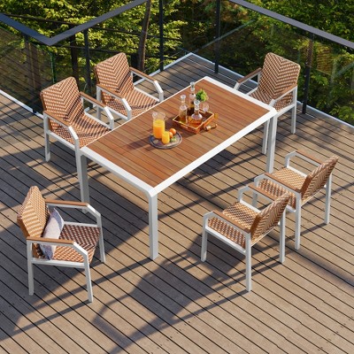 Whisen 7 Pieces Patio Dining Table Set, Outdoor Wicker Furniture Set of 6 Chairs and Acacia Wood Tabletop