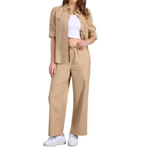 Allegra K Women's Linen Set Button Down Shirt and Drawstring Wide Leg Pants Casual Outfits 2 Pcs - 1 of 4