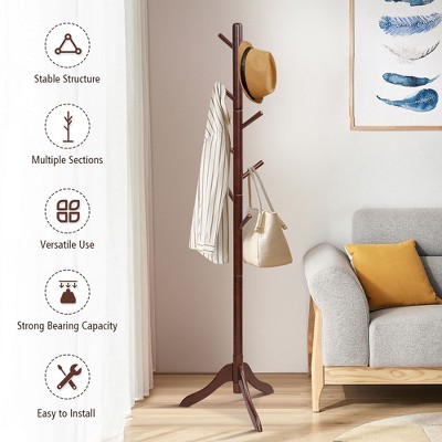 Adjustable Brown Rubber Wood Coat Rack with 8 Hooks