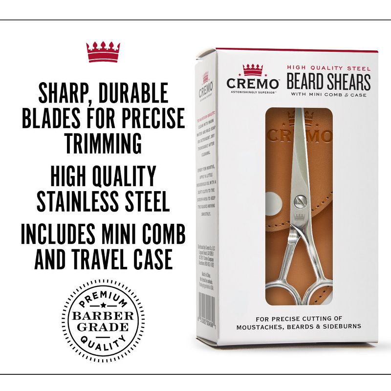 Cremo Beard and Mustache Stainless Steel Shears With Synthetic Leather Carrying Case And Comb For Precise Facial Hair Trimming, 5 of 11