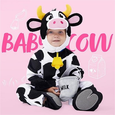 Joyfy Baby Halloween Cow Costume Jumpsuit Outfit with Milking Bucket, Funny Halloween Animal Farm Party Dress Up for Infant Boys Girls, 12-18 Months