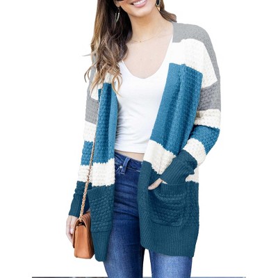 Womens Color Block Cardigan Lightweight V Neck Crochet Knit Sweater Cardigan Open Front Soft Comfy Knitwear,Blue - S