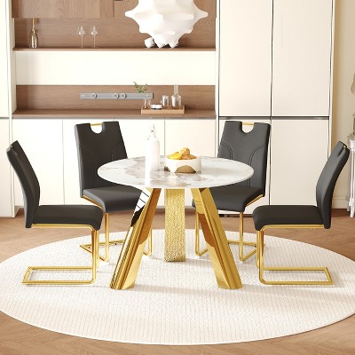 FURNIinspire Dining Sets Round Dining Set, 42" White Imitation Marble Textured Round Table Paired With 4 Black Dining Chairs With Golden Metal Legs