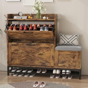 Shoe Cabinet With 2 Flip Drawers & Padded Seat Cushion, Narrow Shoe Organizer Rack - 1 of 4
