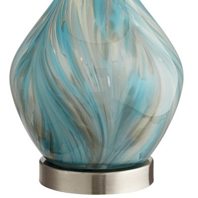 Blue Gray Art Glass Table Lamp with White Drum Shade