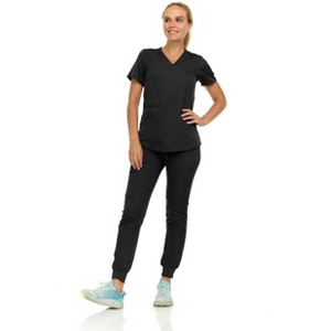 MediChic Scrubs for Women's V-Neck Scrub Set with Six Pocket Ribbed Cargo Jogger Pants with 4-Way Stretch - 1 of 4