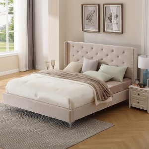 California King Wooden Bed Frame with Headboard Wingback Tufted Platform Bed No Boxspring Needed -Morden Fort - 1 of 4