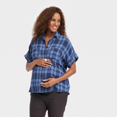 The Nines by HATCH™ Dolman Elbow Sleeve Button-Down Maternity Shirt Plaid