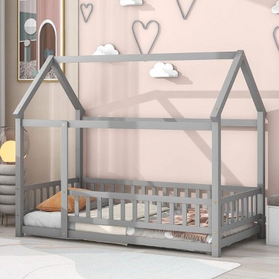 Streamdale Twin Size Floor Wooden Bed with House Roof Frame, Fence Guardrails,Grey