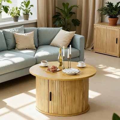 WOWLIVE Lift Top Coffee Table with Sliding Tambour Door, Round Fluted Coffee Table with Hidden Storage, Center Table for Living Room