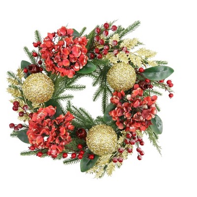 24" Christmas Wreath, Artificial Red Hydrangea Wreath with LED Lights, Indoor and Outdoor Holiday Decoration Wreath for Doors, Windows, Walls, Red