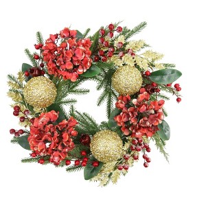 24" Christmas Wreath, Artificial Red Hydrangea Wreath with LED Lights, Indoor and Outdoor Holiday Decoration Wreath for Doors, Windows, Walls, Red - 1 of 1
