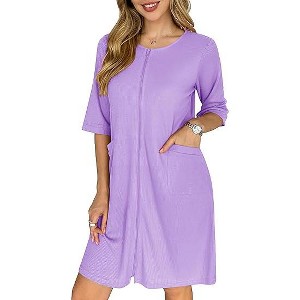 Ekouaer Zip Up Robes for Women Short Waffle Bathrobe Lightweight Knee Length Housecoat with Pockets Nightgown - 1 of 4