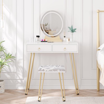 Makeup Vanity Set with 3-Color Dimmable Lighted Mirror, Makeup Dressing Table with Drawers, Padded Stool, White and Gold