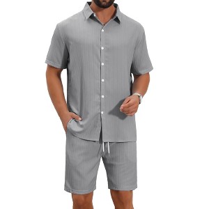 INSPIRE CHIC Men's Striped Textured Sets Short Sleeve Shirt & Shorts Outfits - 1 of 4