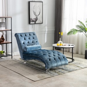 MOONMISS Velvet Chaise Lounge Indoor,Button-Tufted Upholstered Chaise Lounge Chair with Pillow for Bedroom Living Room Office - 1 of 4