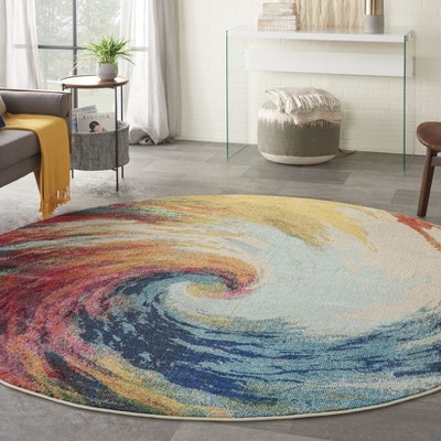 Celestial Waves Multicolor Abstract Round Rug, 7'10"