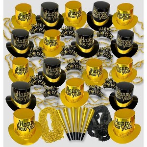 Crown Display Black & Gold New Years Party Favors 2024 Kit - 400 Pcs Top Hats Tiaras Beaded Necklace Noise Makers New Years Eve Decorations 200 People - 1 of 4
