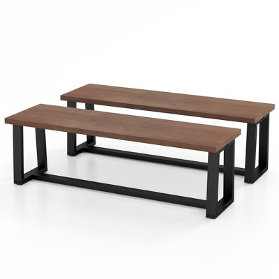 Tangkula Set of 2 56.5"L Wood Dining Bench Metal Frame w/ Adjustable Footpads Entryway Coffee