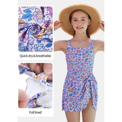 Charmo Girls Floral Square Neck Side Tie One Piece Swimsuit with Built-in Shorts Scalloped Kid's Bathing Suit Size 13-14 Years — фото 2