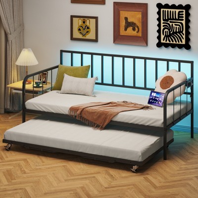 Lycvki Twin Trundle Bed Frame with Heavy Duty Metal Slats Sppports
