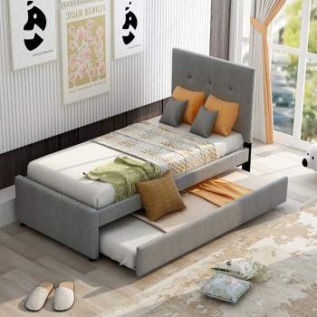 Full/Twin Size Upholstered Platform Bed With Headboard and Trundle Bed/Drawers, Gray-ModernLuxe