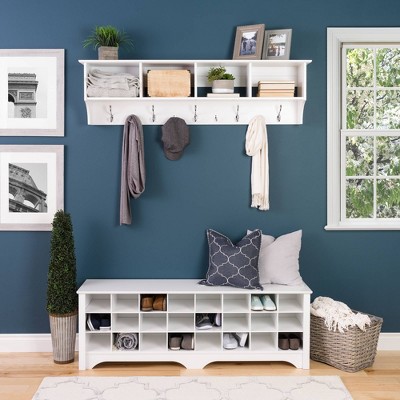 Expansive White Laminated Entryway Hanging Shelf with Hooks