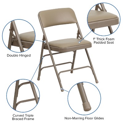 Beige Vinyl Metal Folding Chair with Padded Seat and Triple Braced Frame