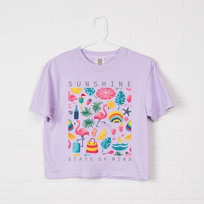 Simply Sage Market Women's Sunshine State Of Mind Flamingos Short Sleeve Relaxed Fit Cropped Tee