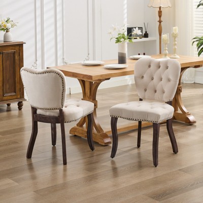 VYNXARIA French Vintage Tufted Upholstered Fabric Dining Chair,Set of 2,Beige