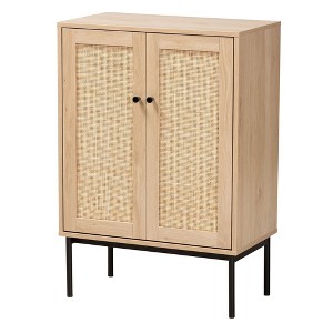 Sherwin 2 Door Storage Cabinet with Woven Rattan Accent Light Brown/Black - Baxton Studio: Mid-Century, Metal Base, Wood Frame - 1 of 4