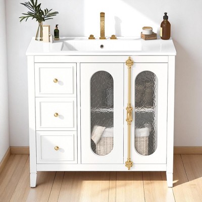 Mshliw 36 Inch Bathroom Vanity with Ceramic Sink, Freestanding Bathroom Storage Cabinet with 2 Soft Close Doors and 3 Drawers, Solid Wood Frame