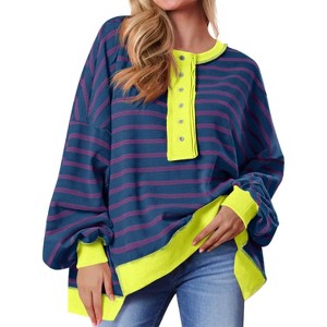 Imily Bela Women Color Block Waffle Knit Top Oversized Comfort  Casual Sweatshirt - 1 of 4