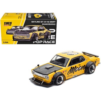 Skyline GT-R V8 Drift "Hakosuka" RHD "Mooneyes" Yellow with Carbon Hood 1/64 Diecast Model Car by Pop Race