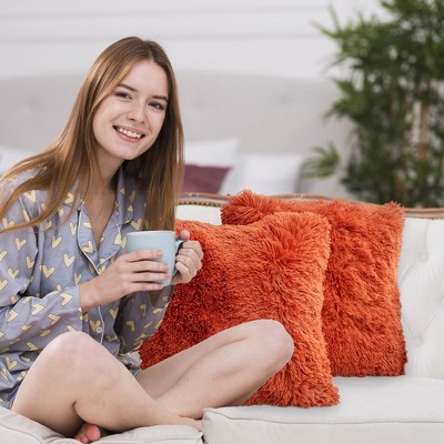 Rust Orange Shaggy Faux Fur Throw Pillows Set of 2