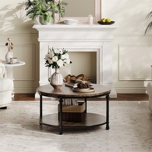 Coffee Table, 34.5'/30.5' Round Coffee Table with 2-Tier Storage Shelf - Rustic Wood Grain Brown, Metal Frame (Living Room/Reception) - 1 of 4