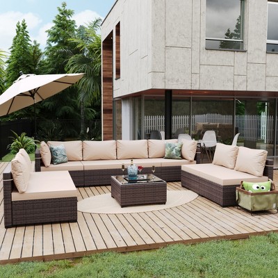 UPHA 9-Piece Rattan Patio Sofa Conversation Set with Cushions