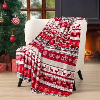 Holiday Reindeer Red and White Fleece Throw Blanket