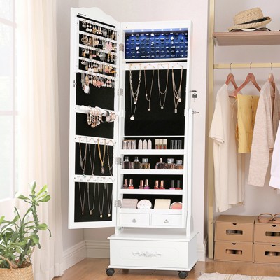 Freestanding Jewelry Cabinet with LED Lights and Lock, Mirrored Armoire with 4 Wheels, 90 Earring Slots and Drawers, White