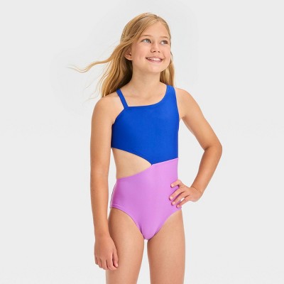 Girls' Solid One Piece Swimsuit - Cat & Jack™ Blue M Plus : Target