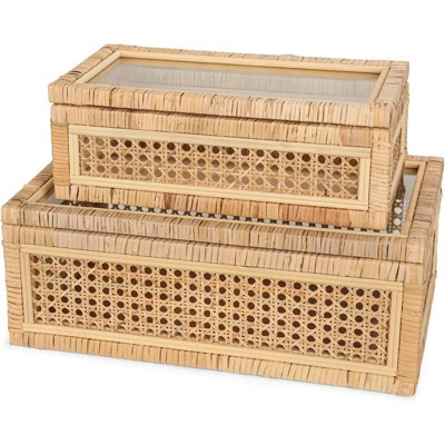 BRINJOY Bohemian Woven Rattan Display Box Set with Glass Lids - 2-Piece Rectangular Storage Chests for Home Decor (15.55" & 12.48" Sizes)
