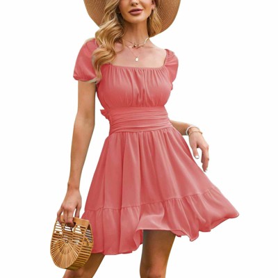 EXLURA Women's 2025 Summer Short Puff Sleeve Casual Short Mini Dresses Tie Back Square Neck A-Line Sundress