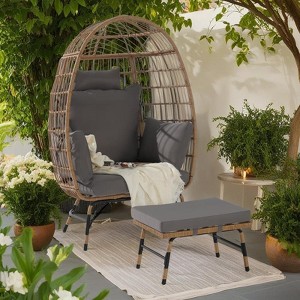 2-Piece Oversized Outdoor Rattan Wicker Egg Chair with Ottoman - 1 of 4